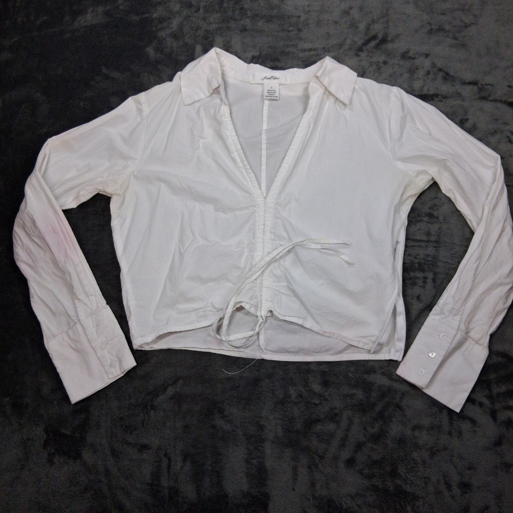 Love Potion Cinched Front Blouse Womens Small White Cotton Long Sleeve Cropped - Picture 2 of 10